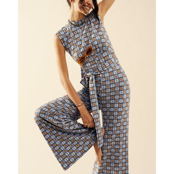 Free People Pants - Free People Blue Floral Geometric Sleeveless Jumpsuit